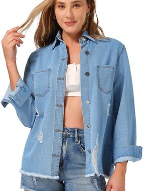 NWT roswear Light Wash Distressed Long Sleeve Denim Shirt Size Medium